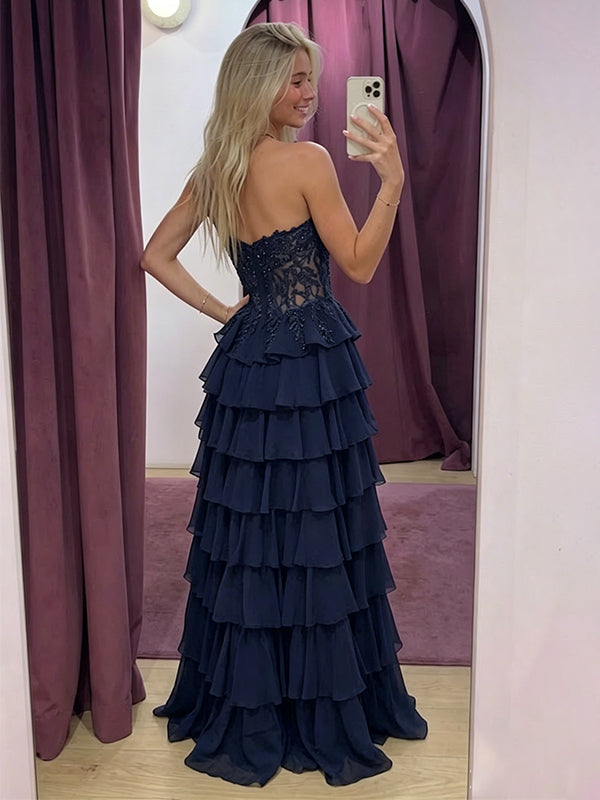 Sparkly Navy Lace Appliques Strapless A-line Ruffled Evening Gown, Prom Dress, WGP2280