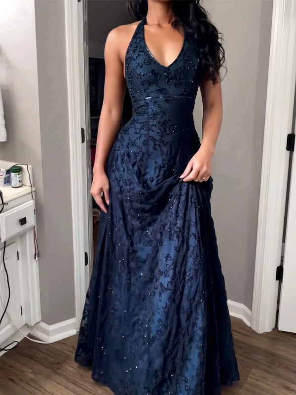 Sparkly Navy Halter Lace Beaded A-line Evening Gown, Prom Dress, WGP2279