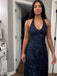 Sparkly Navy Halter Lace Beaded A-line Evening Gown, Prom Dress, WGP2279