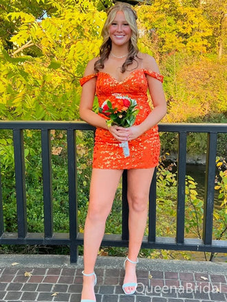 Sparkly Orange Off-shoulder Homecoming Dress Graduation Party Dress , QB0919