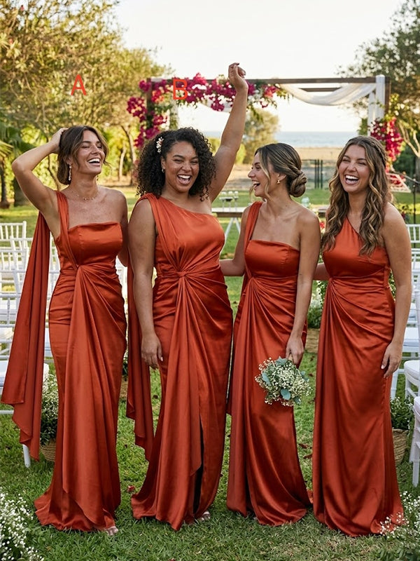 Elegant Burnt Orange One Shoulder Mermaid Bridesmaid Dress for Wedding Party, BDS0256
