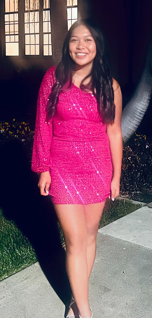 Popular Pink One Sleeve Short Homecoming Dress Graduation Party Dress , QB0869