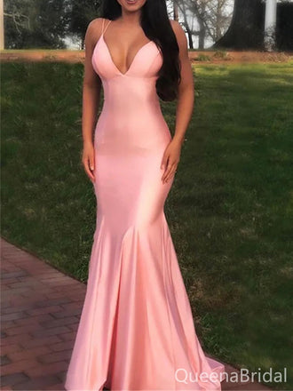 Elegant Pink Mermaid V-neck Spaghetti Straps Long Prom Dress to Impress,WGP1736