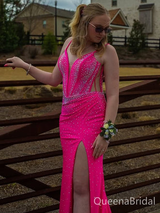 Sparkly Pink V-neck Mermaid Long Formal Gown to Impress,WGP1799