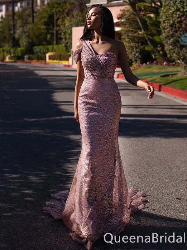 Sexy Pink Mermaid One Shoulder Maxi Long Party Prom Dresses Online,WGP317