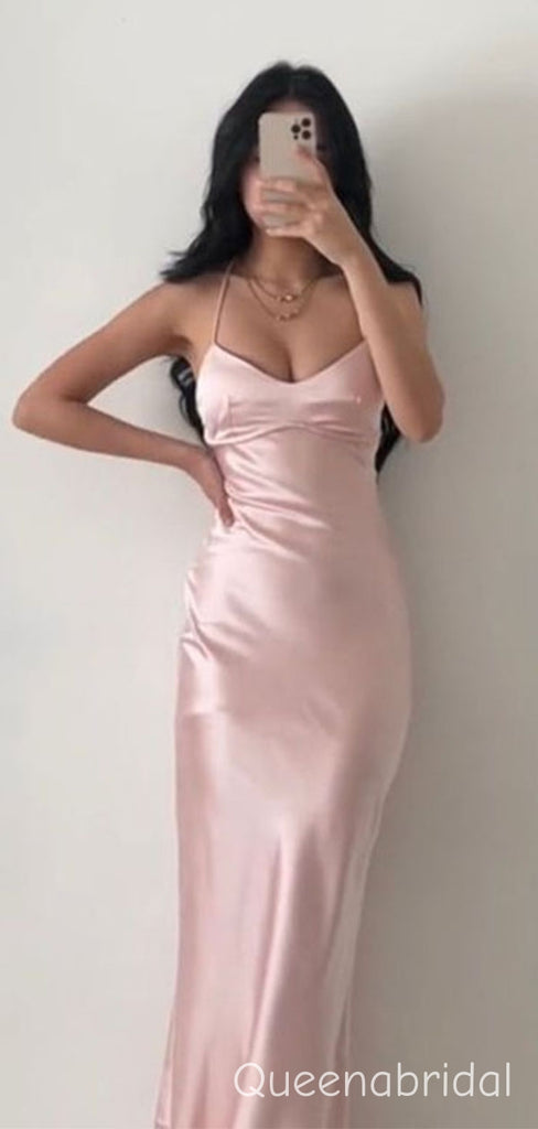 Simple Pink Spaghetti Strap Satin Evening Dress, WGP2284