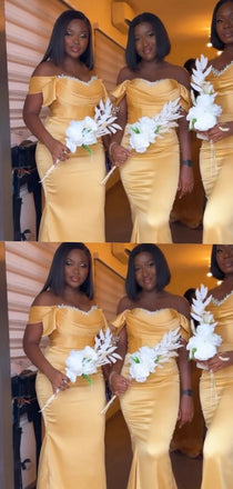 Elegant yellow Off-shoulder Mermaid Bridesmaid Dresses for Wedding Party, BDS0244