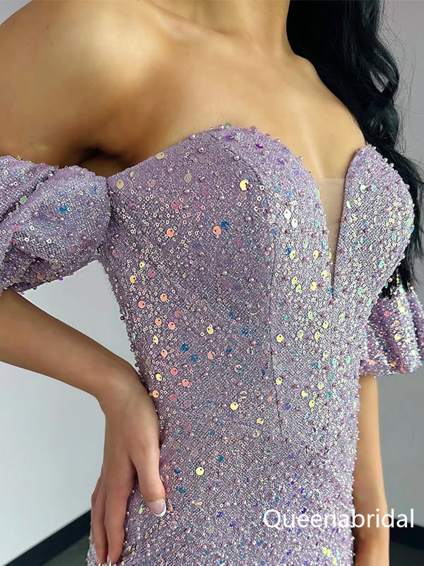 Sparkly Purple Off the Shoulder Sequins Mermaid Prom Party Dress, WGP2289