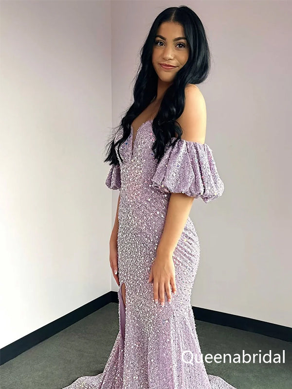 Sparkly Purple Off the Shoulder Sequins Mermaid Prom Party Dress, WGP2289