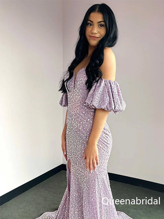 Sparkly Purple Off the Shoulder Sequins Mermaid Prom Party Dress, WGP2289