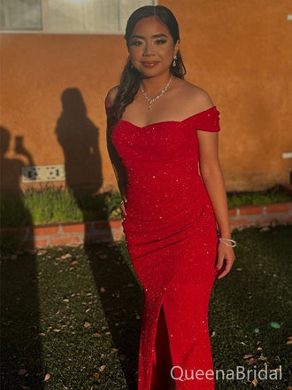 Elegant Red Off-shoulder Slit Mermaid Long Formal Gown to Impress,WGP1855