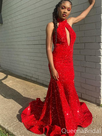 Sparkly Red High-neck Mermaid Long Formal Gown to Impress,WGP1903