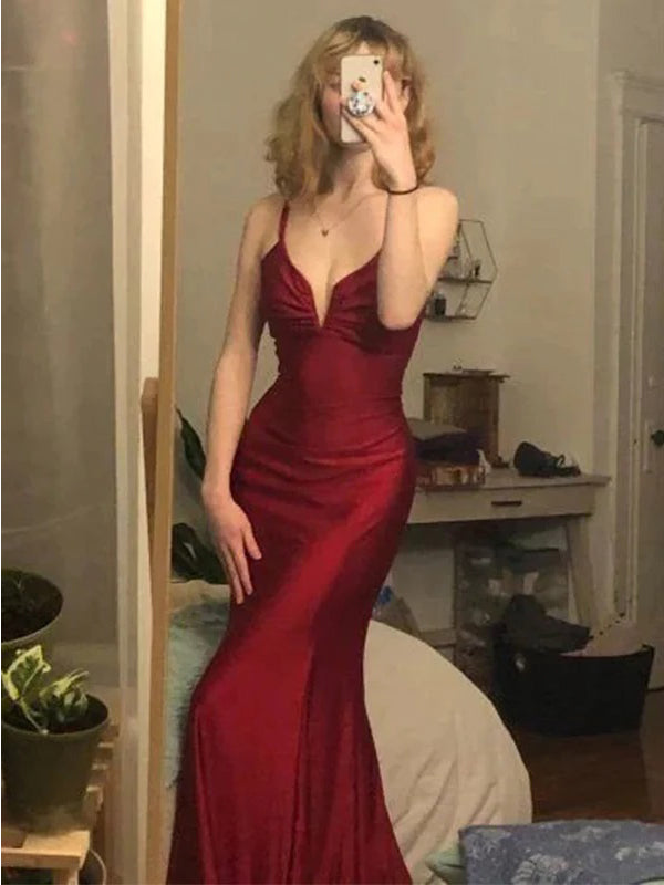 Sexy Mermaid Red Spaghetti Straps V-neck Party Prom Dresses,Evening Dresses,WGP346