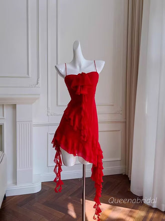 Sexy Spaghetti Straps Ruffles Asymmetrical Streamers A-line Red Chiffon Mini Homecoming Dress, WGP2268