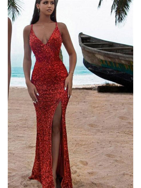 Sexy Red Mermaid Spaghetti Straps V-neck Maxi Long Party Prom Dresses, WGP305