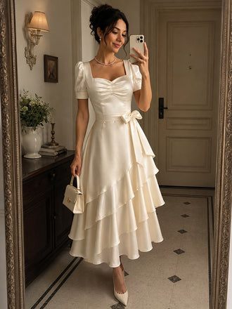Elegant Ivory A-line Tiered Satin Evening Gown with Sleeves, Prom Dress, WGP2296