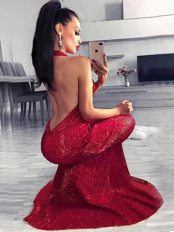 Sexy Red Mermaid Sequin Backless Maxi Long Party Prom Dresses Online,WGP323