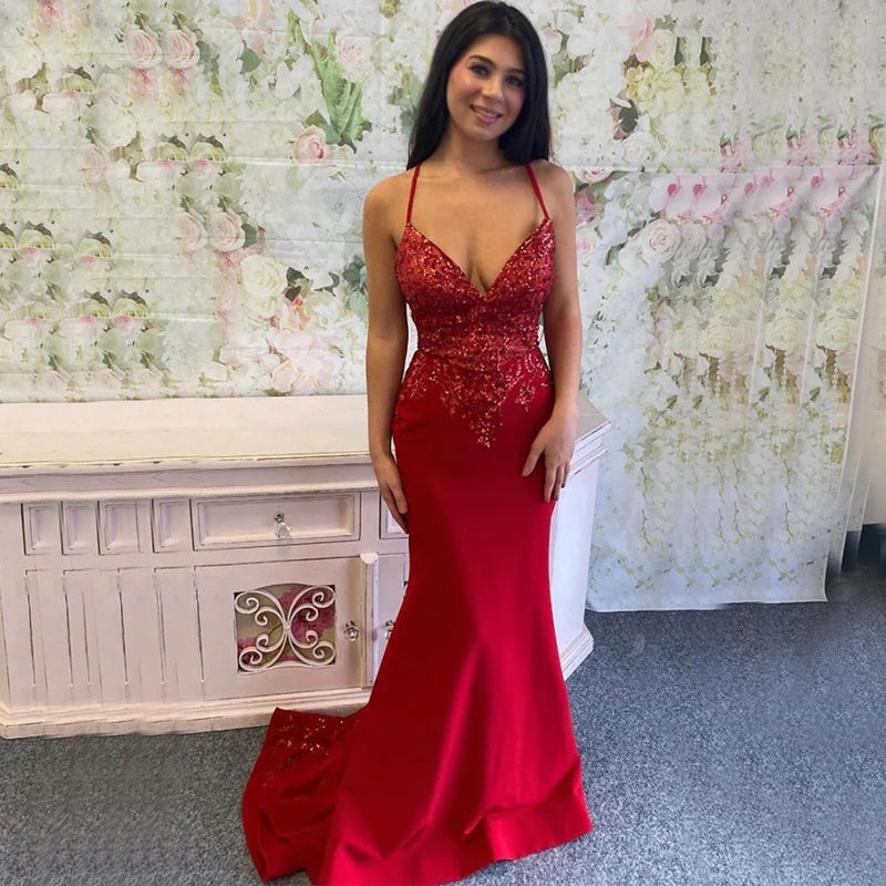 Sexy Red Mermaid Spaghetti Straps V-neck Maxi Long Party Prom Dresses,WGP325