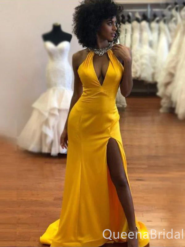 Sexy Yellow Mermaid Halter Side Slit Maxi Long Party Prom Dresses,WGP329