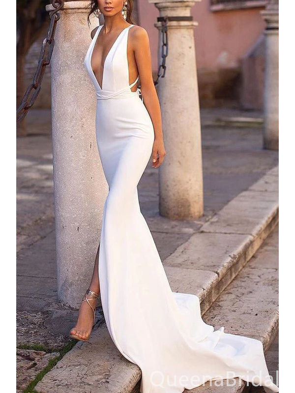Simple White Mermaid Deep V-neck Backless Party Prom Dresses,Evening Dresses,WGP357
