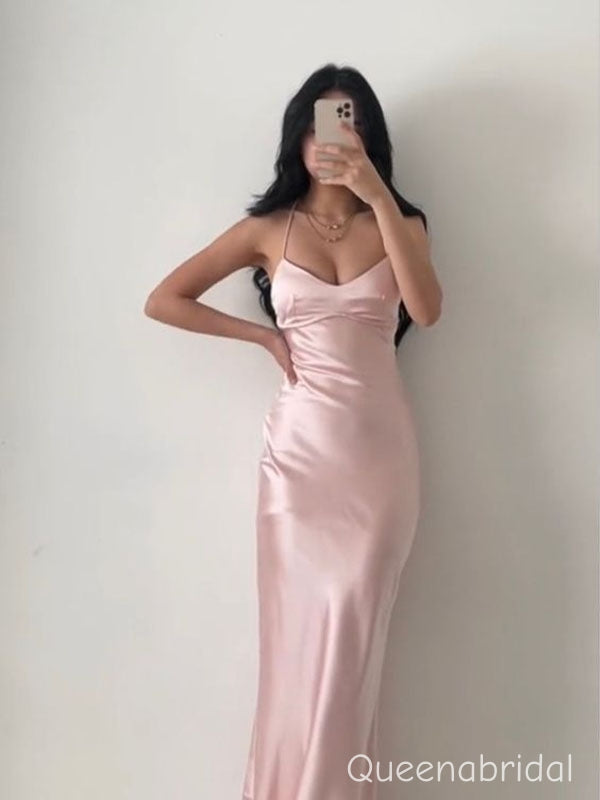 Simple Pink Spaghetti Strap Satin Evening Dress, WGP2284
