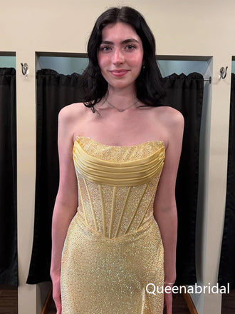 Sparkly Gold Beaded Rhinestones Mermaid Prom Dress with Slit, WGP2288
