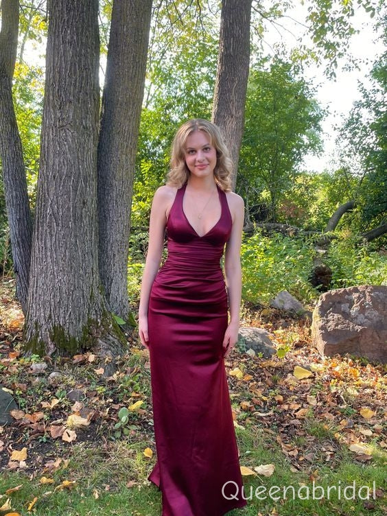 Simple Burgundy V-neck Mermaid Long Evening Dress, WGP2280