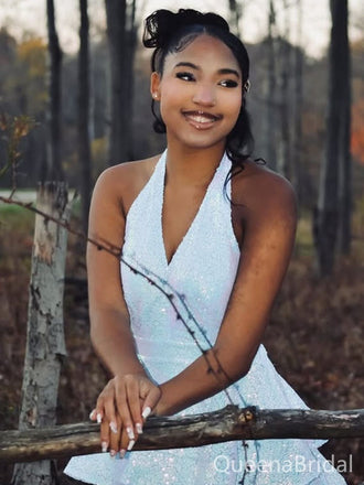 Sparkly White Halter Straps Homecoming Dress Graduation Party Dress , QB0891