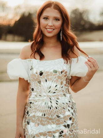 Sparkly White Off-shoulder Homecoming Dress Graduation Party Dress , QB0902