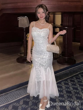 Sparkly White Spaghetti Straps Sweetheart Mermaid Long Formal Gown to Impress,WGP1784