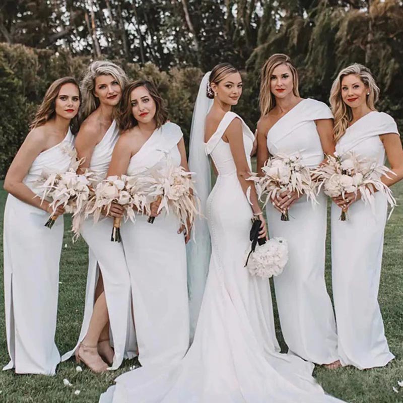 Simple White Mermaid One Shoulder Side Slit Maxi Long Bridesmaid Dress QueenaBridal Simple White Mermaid One Shoulder Side Slit Maxi Long Bridesmaid Dress QueenaBridal