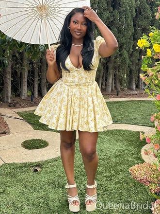 Floral Yellow V-neck Homecoming Dress Graduation Party Dress , QB0879