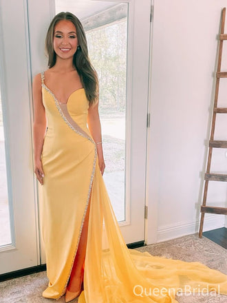 Popular Yellow Spagehetti Straps Mermaid Long Formal Gown to Impress,WGP1805