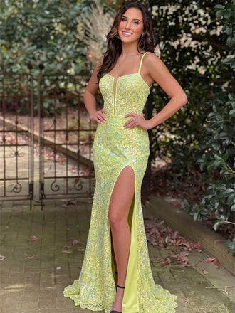 Sparkly Yellow Lace Beaded Sequins Mermaid Prom Party Dress with Slit, WGP2273