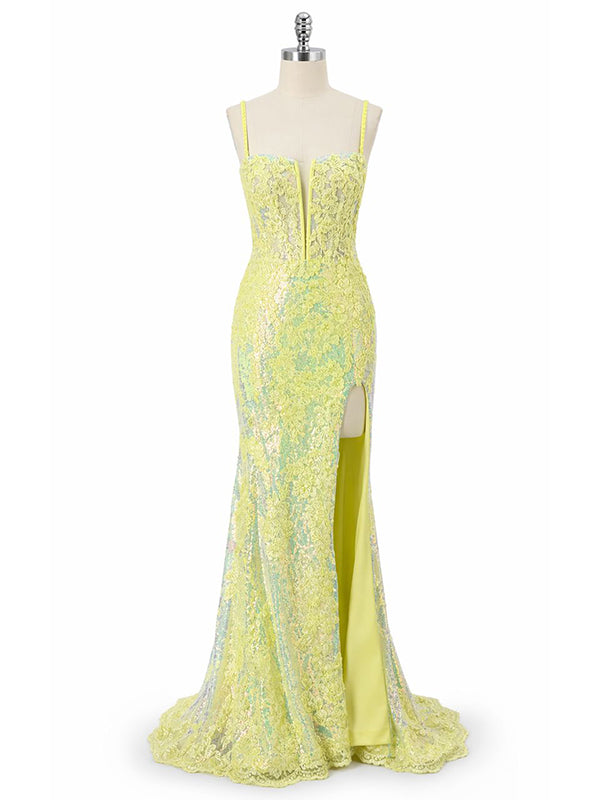 Sparkly Yellow Lace Beaded Sequins Mermaid Prom Party Dress with Slit, WGP2273