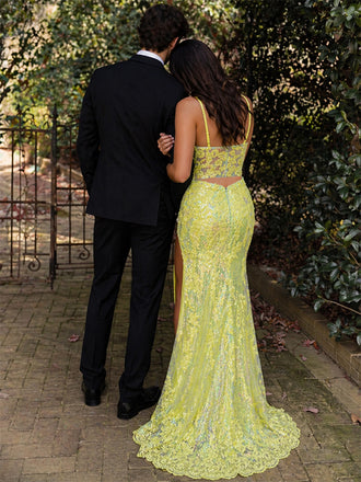 Sparkly Yellow Lace Beaded Sequins Mermaid Prom Party Dress with Slit, WGP2273