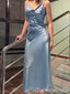 Sexy Spaghetti Straps  V-neck Sheath Backless Blue Sheath Evening Prom Dresses ,WGP395