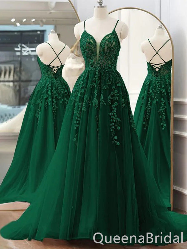 Elegant Dark Green A-line Lace Up Back Appliques Long Evening Prom Dresses,WGP406
