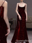 Elegant Dark Red Sweetheart Spaghetti Straps Sequins Lace Side Slit Mermaid Prom Dresses ,WGP397