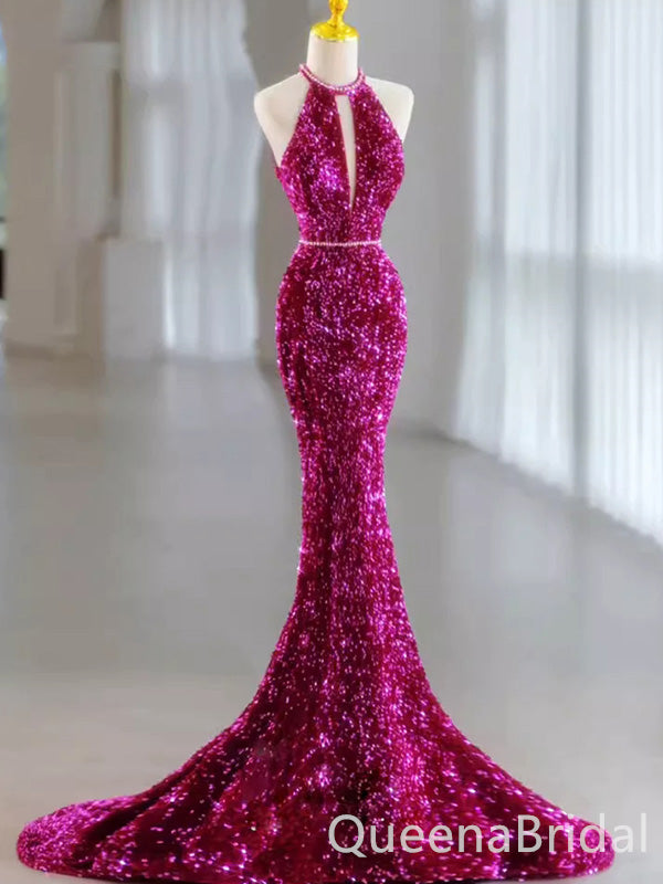 Sparkly Mermaid Sequins Bright Pink Floor Length Evening Prom Dresses ,WGP404