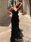 Sexy Black Spaghetti Straps Ruffles A-Line Long Evening  Prom Dresses ,WGP409