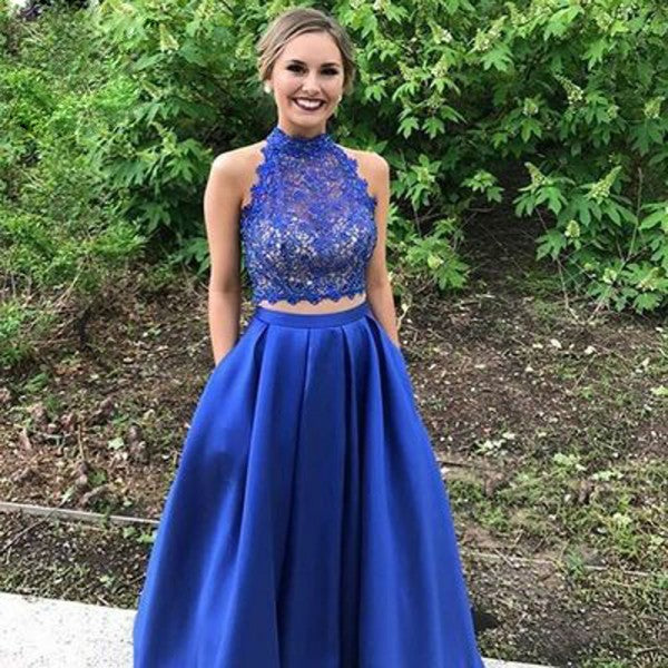 Two Piece High Neck Open Back Royal Blue Satin Prom Dresses with Lace QueenaBridal Two Piece High Neck Open Back Royal Blue Satin Prom Dresses with Lace QueenaBridal