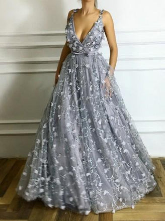 Popular V Neck Gray Flower A-line Long Evening Prom Dresses, QB0457