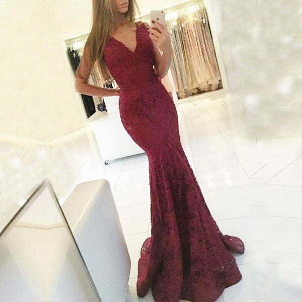Mermaid V-Neck Floor-Length Sleeveless Burgundy Lace Prom Dresses, QB0248