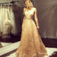 A-Line Deep V-Neck Long Cheap Champagne Lace Prom Dresses with Beading, QB0681