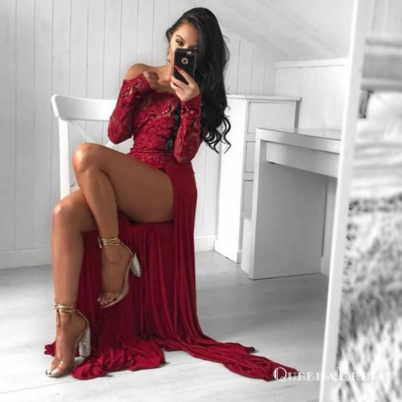 A-Line Off-Shoulder Long Sleeves Dark Red Prom Dresses with Lace, QB0507
