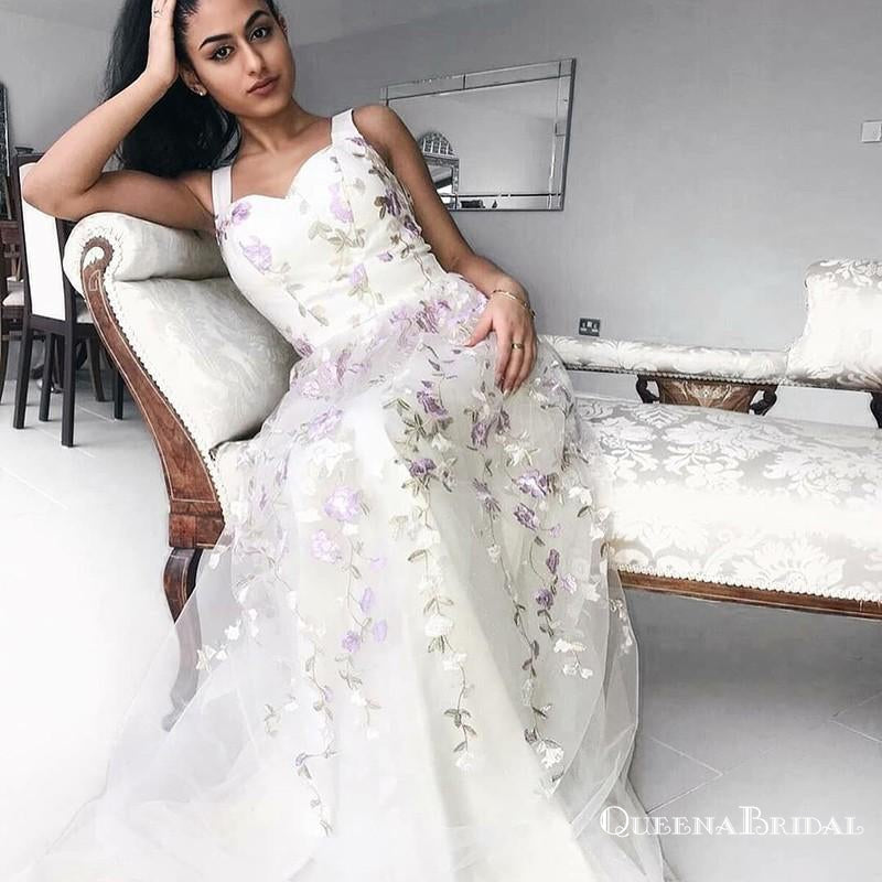 2019 Elegant A-Line Straps Long White Prom Dresses with Appliques, QB0494