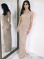 Sheath Round Neck Light Champagne Prom Dresses with Sequins, QB0559