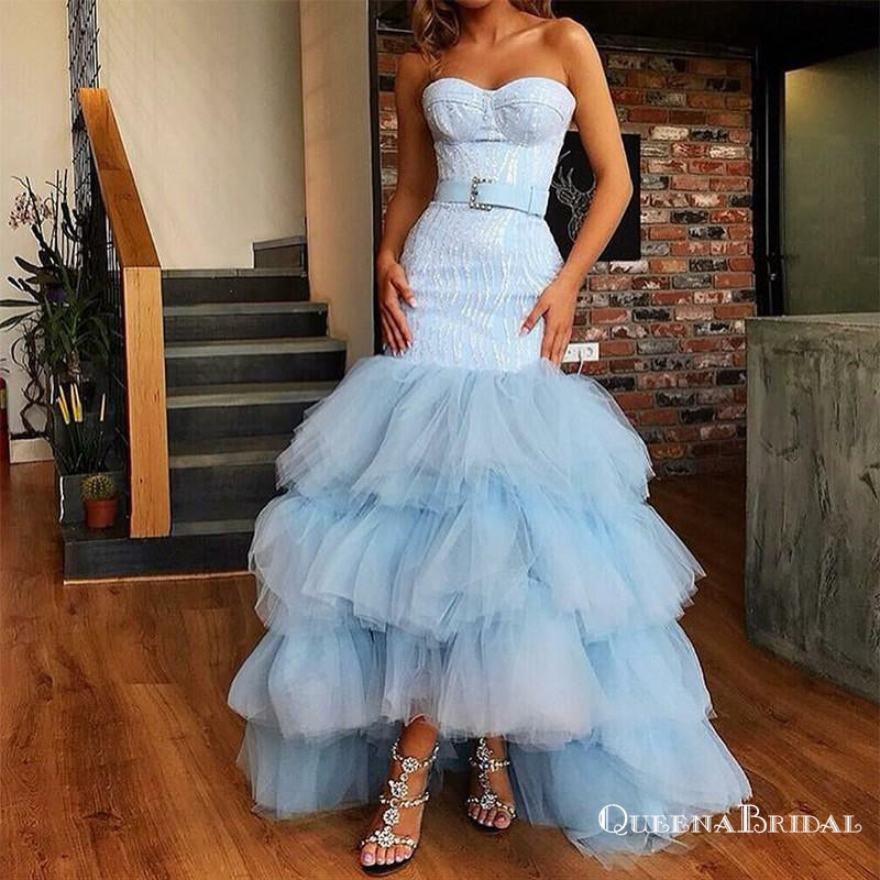 Light Blue Lace Sweetheart Tiered Long Prom Dress with Slit – Dreamdressy