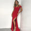 Charming Mermaid Off-Shoulder Long Cheap Red Prom Dresses with Split, QB0501